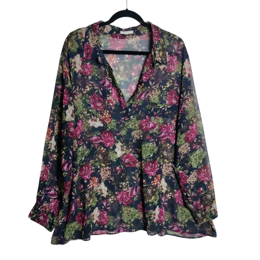 Pleione Womens 3X Floral Sheer V-Neck Blouse Navy Pink Green Long Sleeve WQ23252